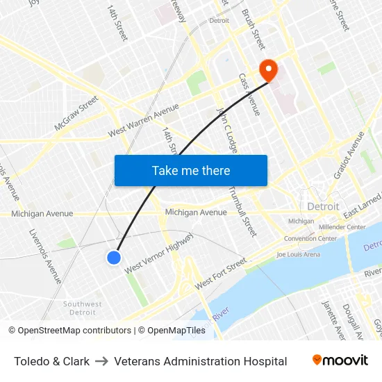 Toledo & Clark to Veterans Administration Hospital map