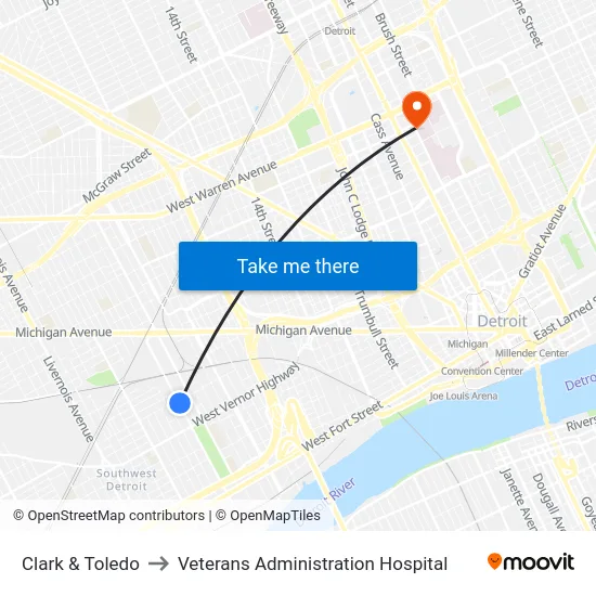 Clark & Toledo to Veterans Administration Hospital map