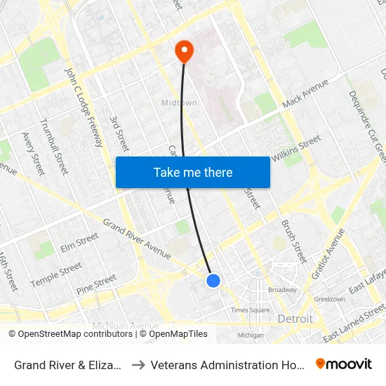Grand River & Elizabeth to Veterans Administration Hospital map