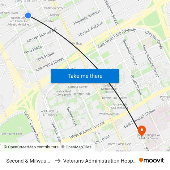 Second & Milwaukee to Veterans Administration Hospital map