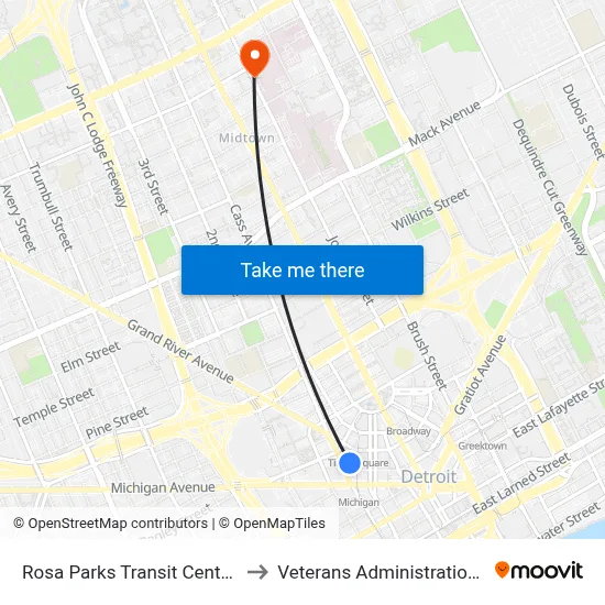 Rosa Parks Transit Center - Bay 15 to Veterans Administration Hospital map