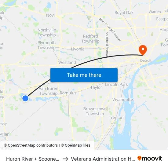 Huron River + Scooner Cove to Veterans Administration Hospital map