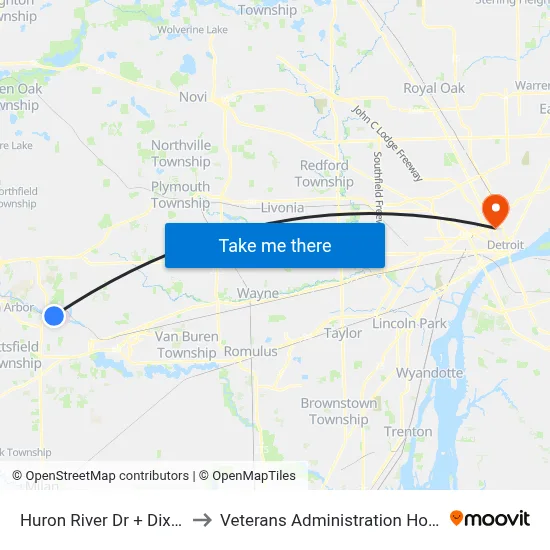 Huron River Dr + Dixboro to Veterans Administration Hospital map