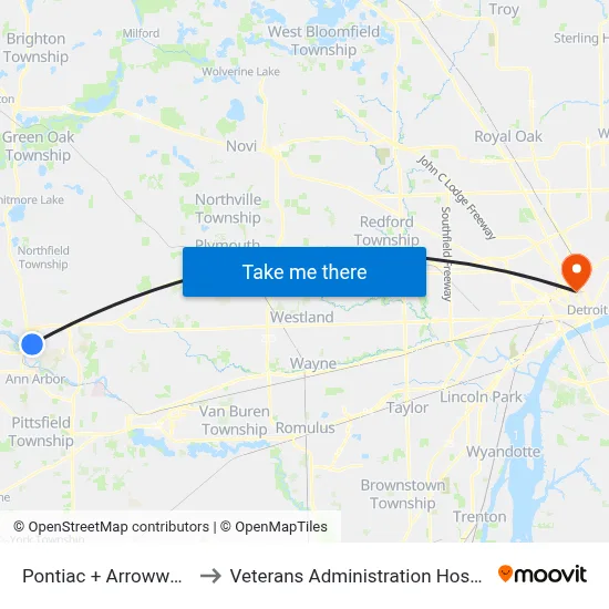 Pontiac + Arrowwood to Veterans Administration Hospital map
