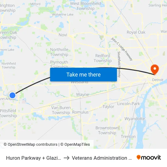 Huron Parkway + Glazier Way to Veterans Administration Hospital map