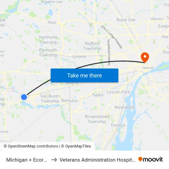 Michigan + Ecorse to Veterans Administration Hospital map