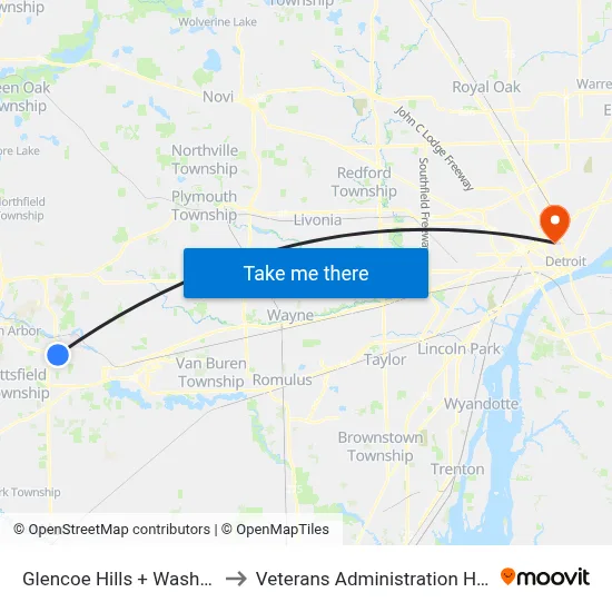 Glencoe Hills + Washtenaw to Veterans Administration Hospital map