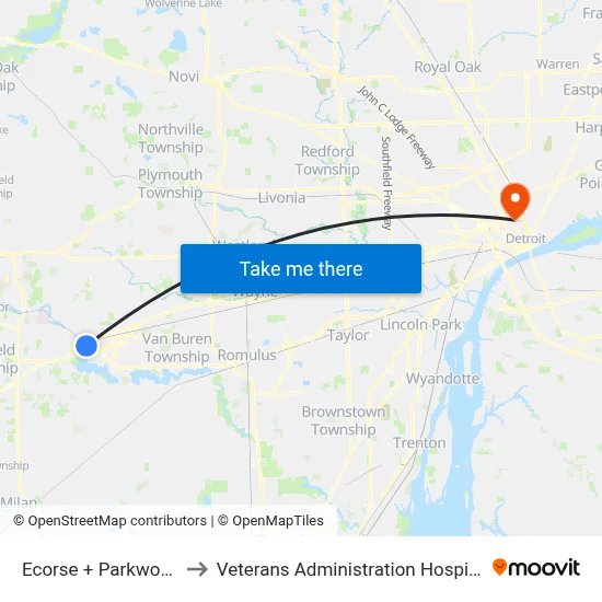 Ecorse + Parkwood to Veterans Administration Hospital map