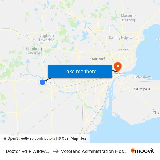 Dexter Rd + Wildwood to Veterans Administration Hospital map