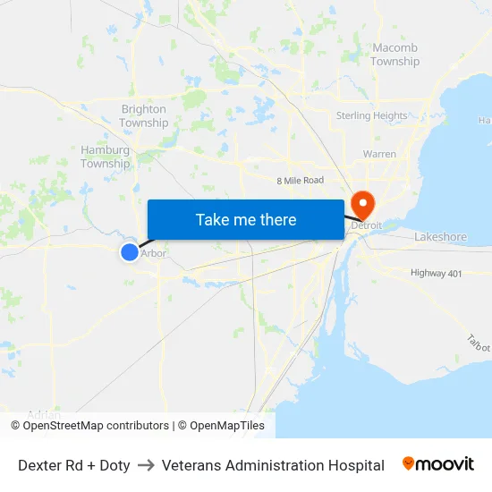 Dexter Rd + Doty to Veterans Administration Hospital map