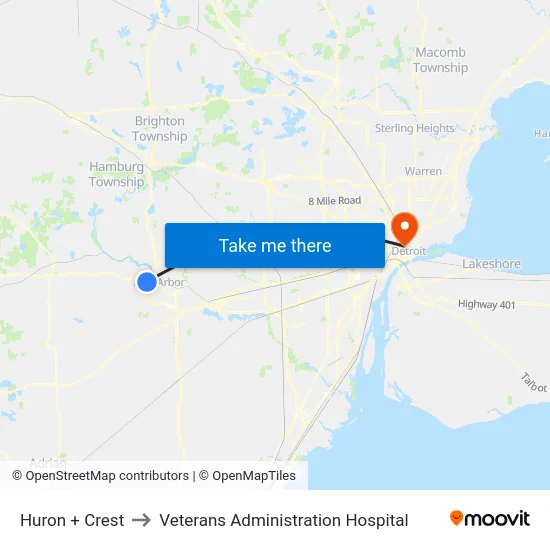 Huron + Crest to Veterans Administration Hospital map