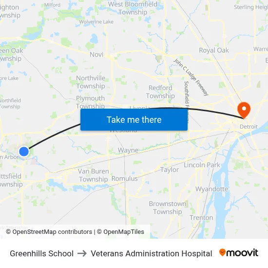 Greenhills School to Veterans Administration Hospital map