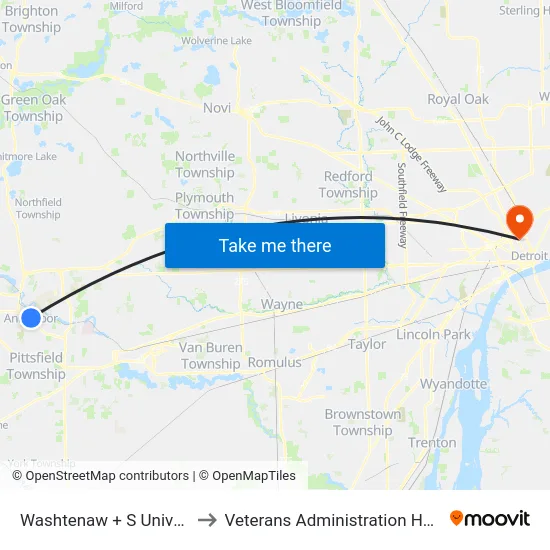 Washtenaw + S University to Veterans Administration Hospital map