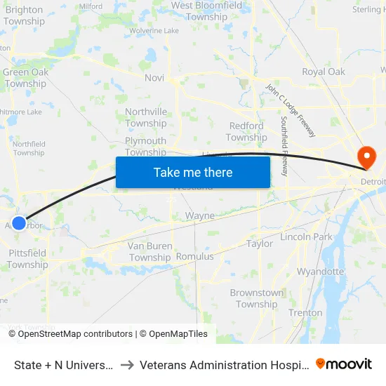 State + N University to Veterans Administration Hospital map