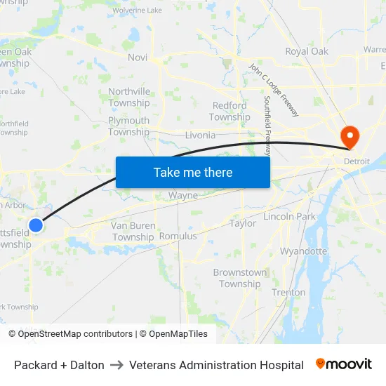 Packard + Dalton to Veterans Administration Hospital map