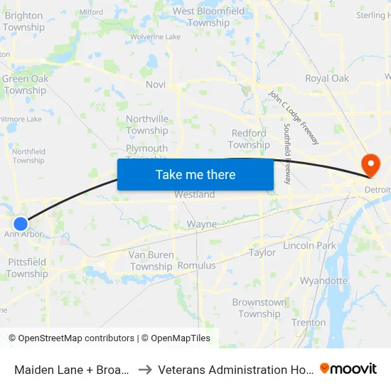 Maiden Lane + Broadway to Veterans Administration Hospital map