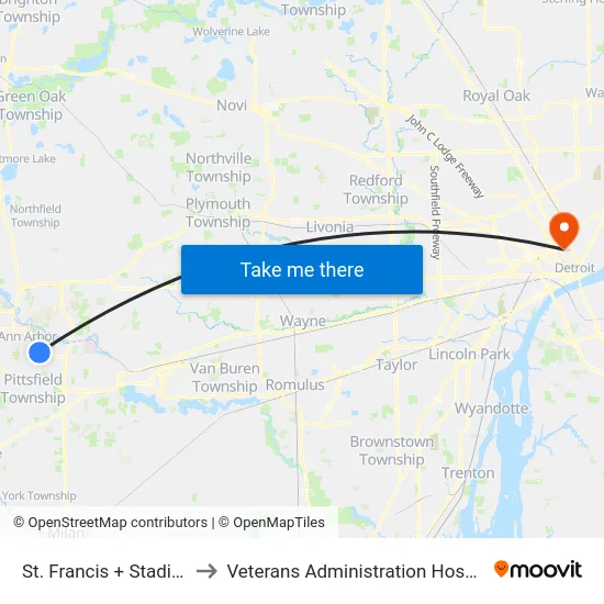St. Francis + Stadium to Veterans Administration Hospital map