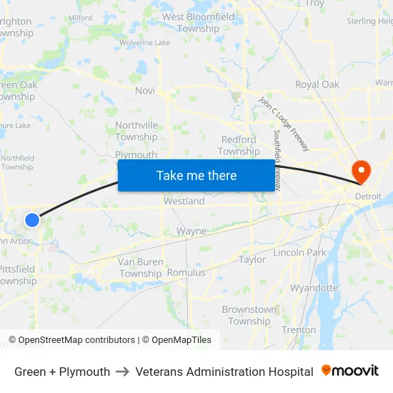 Green + Plymouth to Veterans Administration Hospital map