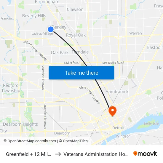 Greenfield @ 12 Mile to Veterans Administration Hospital map