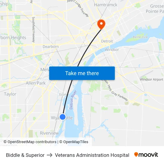 Biddle & Superior to Veterans Administration Hospital map