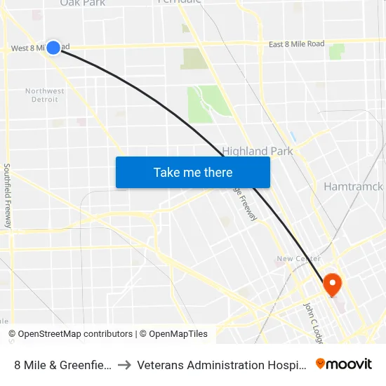 8 Mile & Greenfield to Veterans Administration Hospital map