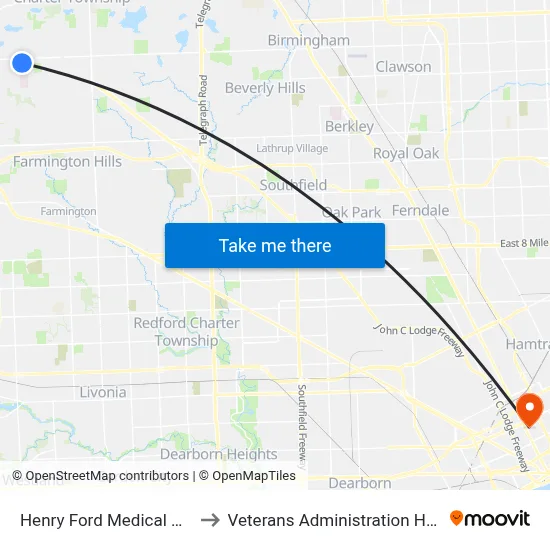 Henry Ford Medical Center to Veterans Administration Hospital map