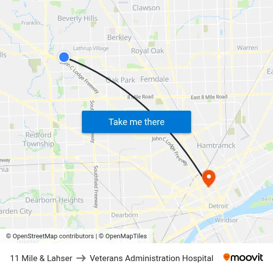 11 Mile & Lahser to Veterans Administration Hospital map