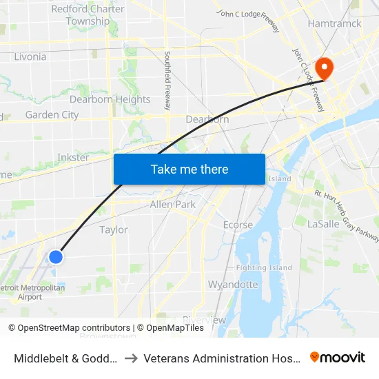 Middlebelt & Goddard to Veterans Administration Hospital map