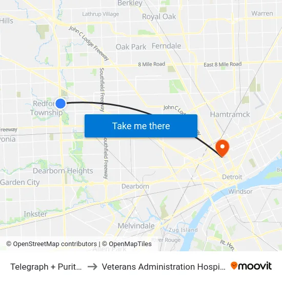 Telegraph & Puritan to Veterans Administration Hospital map