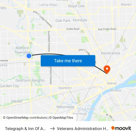 Telegraph & Inn Of America to Veterans Administration Hospital map