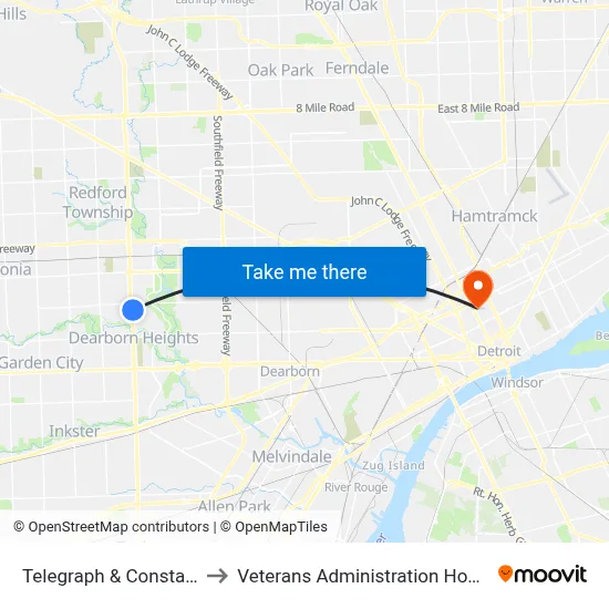 Telegraph & Constance to Veterans Administration Hospital map