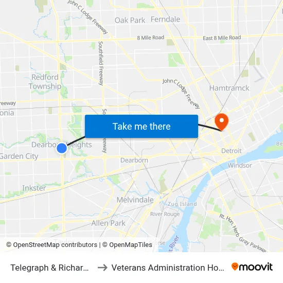 Telegraph & Richardson to Veterans Administration Hospital map