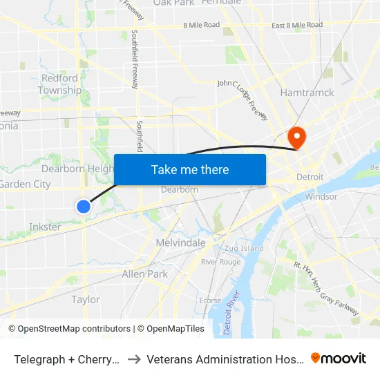 Telegraph & Cherry Hill to Veterans Administration Hospital map