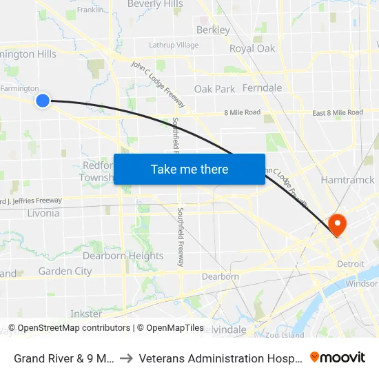 Grand River & 9 Mile to Veterans Administration Hospital map