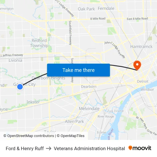 Ford & Henry Ruff to Veterans Administration Hospital map