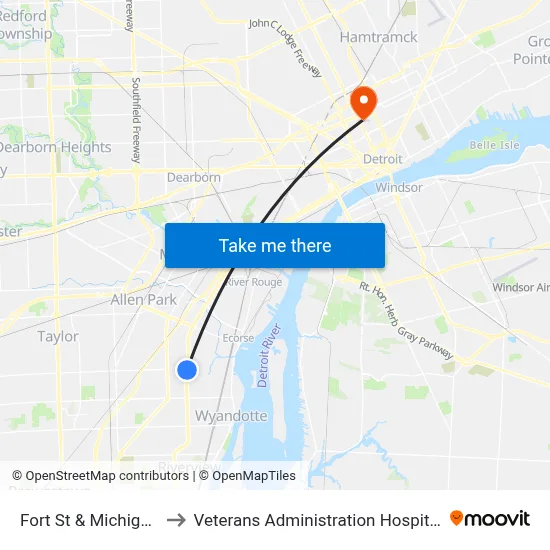 Fort St & Michigan to Veterans Administration Hospital map