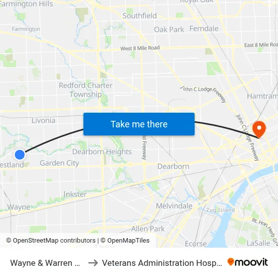 Wayne & Warren SW to Veterans Administration Hospital map