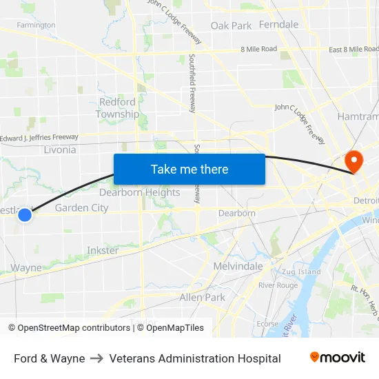 Ford & Wayne to Veterans Administration Hospital map