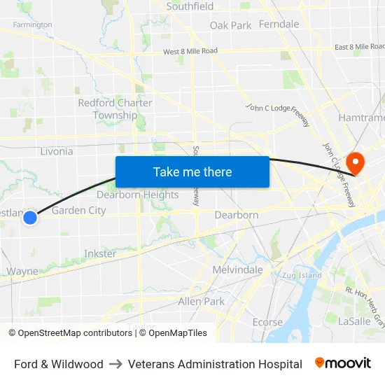 Ford & Wildwood to Veterans Administration Hospital map