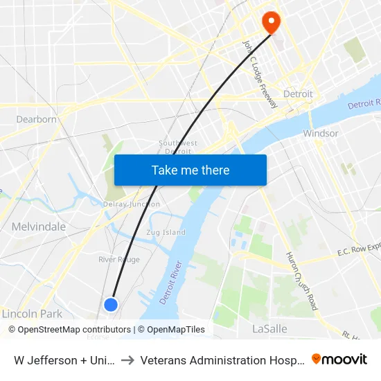 W Jefferson & Union to Veterans Administration Hospital map