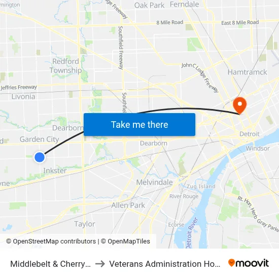 Middlebelt & Cherry Hill to Veterans Administration Hospital map