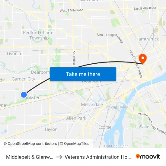 Middlebelt & Glenwood to Veterans Administration Hospital map