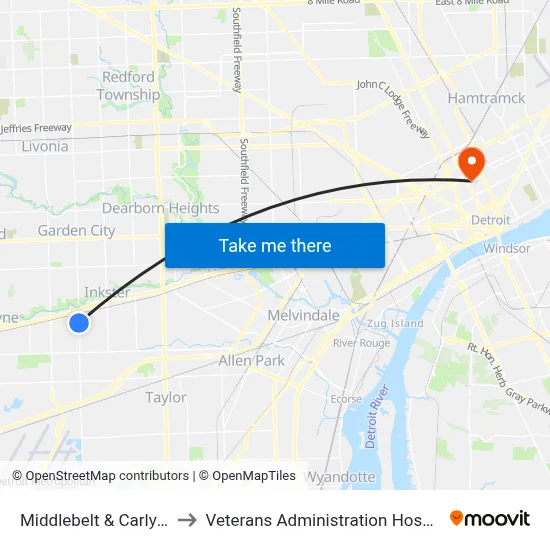 Middlebelt & Carlysle to Veterans Administration Hospital map