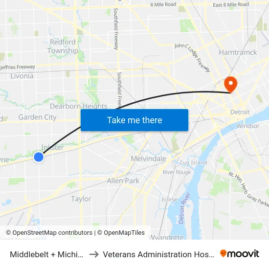 Middlebelt & Michigan to Veterans Administration Hospital map