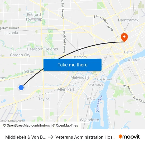 Middlebelt & Van Born to Veterans Administration Hospital map