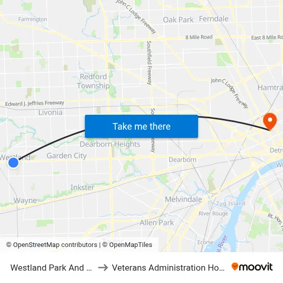 Westland Park And Ride to Veterans Administration Hospital map