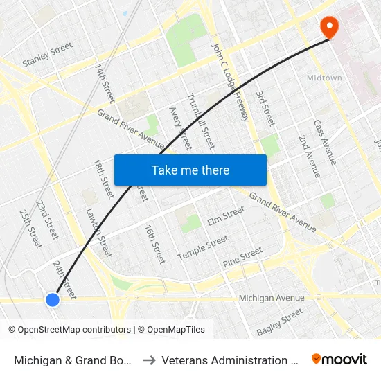 Michigan & Grand Boulevard to Veterans Administration Hospital map