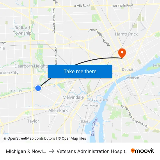 Michigan & Nowlin to Veterans Administration Hospital map