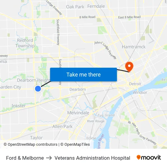Ford & Melborne to Veterans Administration Hospital map
