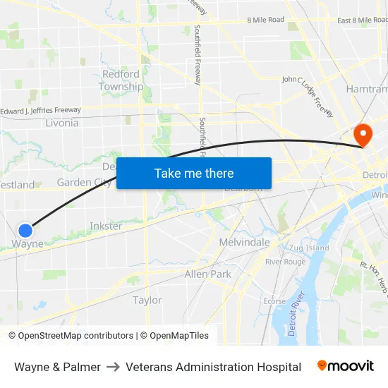 Wayne & Palmer to Veterans Administration Hospital map